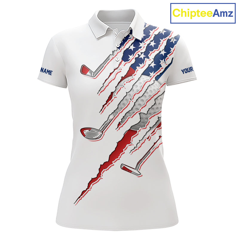 American Flag Women's Golf Polo Shirt mockup featuring white golf clubs design, personalized women's patriotic golf apparel, custom golf team polo, USA golf clothing, Memorial Day golf outfit, Independence Day golf fashion.