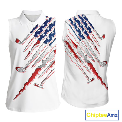 American Flag Sleeveless Golf Polo Shirt mockup featuring white golf clubs design, patriotic golf apparel, personalized golf polo, custom golf team shirt, USA golf clothing, Independence Day golf outfit.