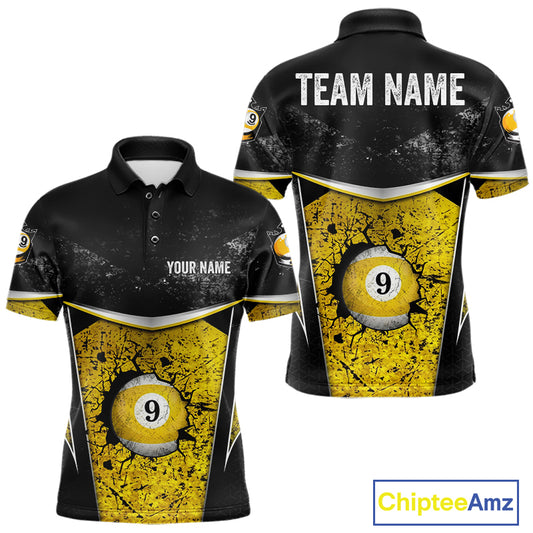 Black And Yellow Grunge Cracked 9 Ball Billiard Pool Shirt For Men Custom 9 Ball Billiard Team Jersey NYN3086