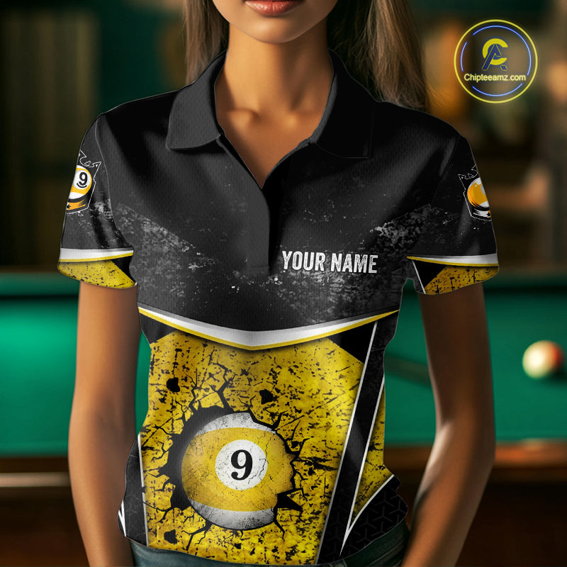 Black And Yellow Grunge Cracked 9 Ball Billiard Pool Shirt For Women Custom 9 Ball Billiard Team Jersey NYN3086