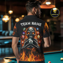 Load image into Gallery viewer, Male billiards player wearing Fire Flame Skull 8 Ball red pool jersey during league and tournament play