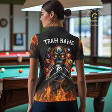 Load image into Gallery viewer, Female billiards player wearing Fire Flame Skull 8 Ball red pool jersey during league and tournament play