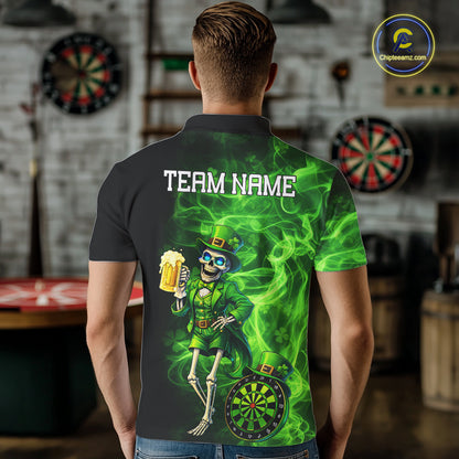 Funny Skeleton St Patrick's Day Men Darts Polo Shirt Custom Flame Shamrock Darts Team Jersey NYN2529