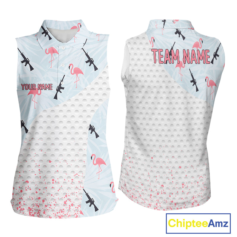 Funny Rifle & Flamingo Sleeveless Polo Shirt Womens Golf Polo Shirts Custom White Ball Golf Clothes NYN2877