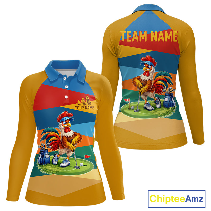 Colorful Rooster Womens Golf Polo Shirts Personalized Funny Golf Ball Shirts, Golf Gifts For Women NYN3098