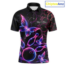 Load image into Gallery viewer, Neon Blue And Pink Butterfly Bowling Polo &amp; 1/4-Zip Shirt For Men Custom Colorful Bowling Team Jersey NYN3266