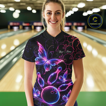 Neon Blue And Pink Butterfly Bowling Polo & 1/4-Zip Shirt For Women Custom Colorful Bowling Team Jersey NYN3266