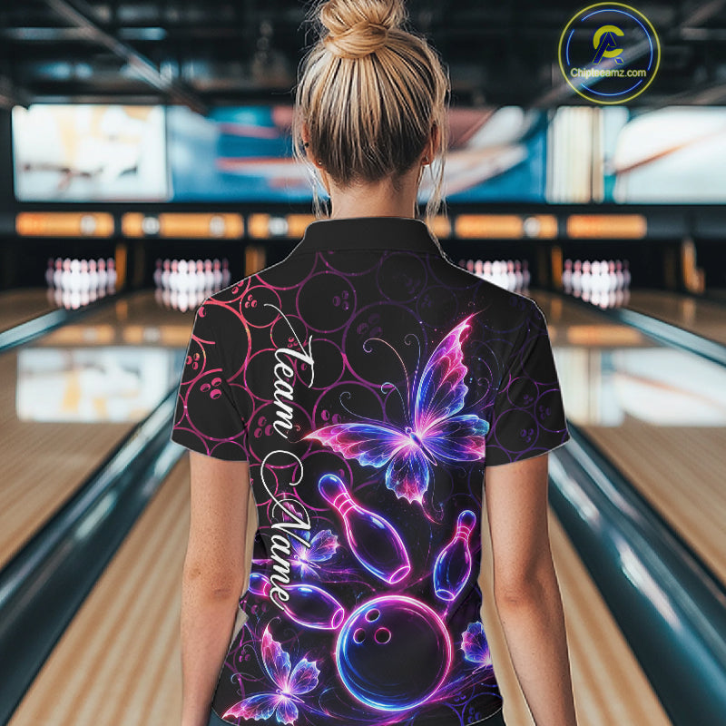 Neon Blue And Pink Butterfly Bowling Polo & 1/4-Zip Shirt For Women Custom Colorful Bowling Team Jersey NYN3266