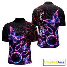 Load image into Gallery viewer, Neon Blue And Pink Butterfly Bowling Polo &amp; 1/4-Zip Shirt For Men Custom Colorful Bowling Team Jersey NYN3266