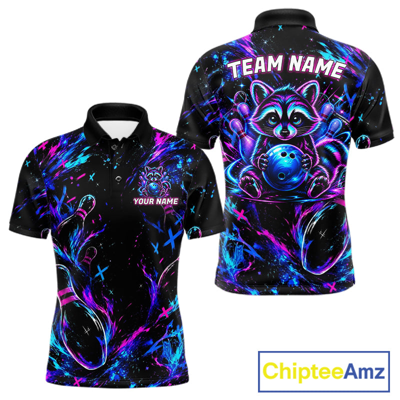Splatter Neon Purple & Blue Bowling Shirts For Men Custom Funny Raccoon Team Bowling Jersey NYN3270