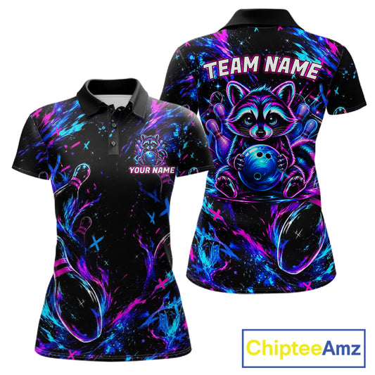 Splatter Neon Purple & Blue Bowling Shirts For Women Custom Funny Raccoon Team Bowling Jersey NYN3270