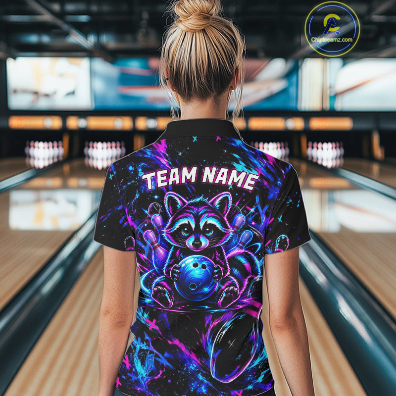Splatter Neon Purple & Blue Bowling Shirts For Women Custom Funny Raccoon Team Bowling Jersey NYN3270