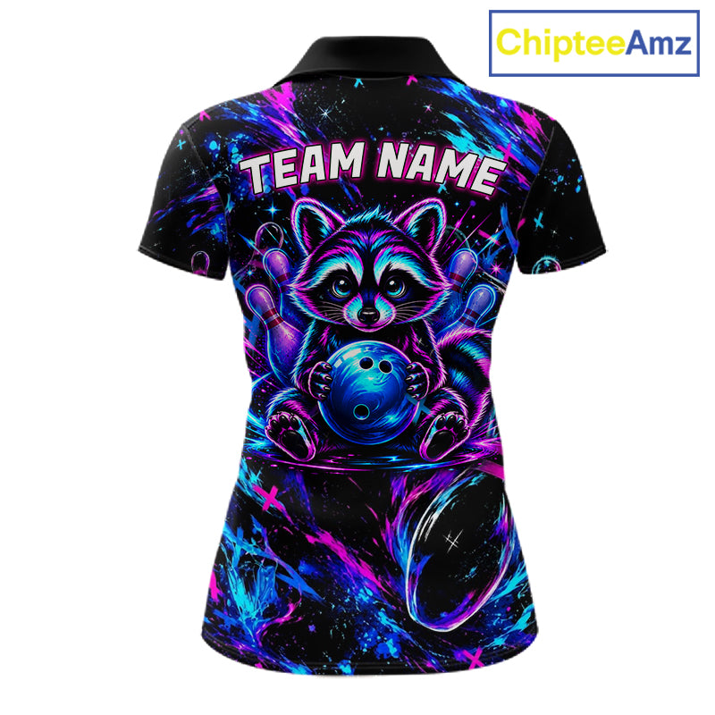 Splatter Neon Purple & Blue Bowling Shirts For Women Custom Funny Raccoon Team Bowling Jersey NYN3270