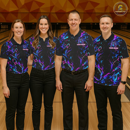Splatter Neon Purple & Blue Bowling Shirts For Men Custom Funny Raccoon Team Bowling Jersey NYN3270