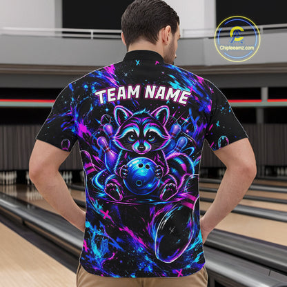Splatter Neon Purple & Blue Bowling Shirts For Men Custom Funny Raccoon Team Bowling Jersey NYN3270