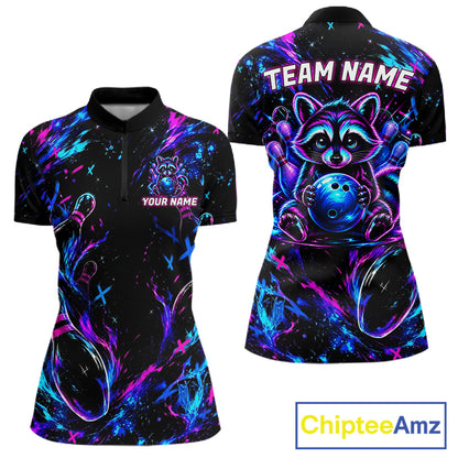 Splatter Neon Purple & Blue Bowling Shirts For Women Custom Funny Raccoon Team Bowling Jersey NYN3270