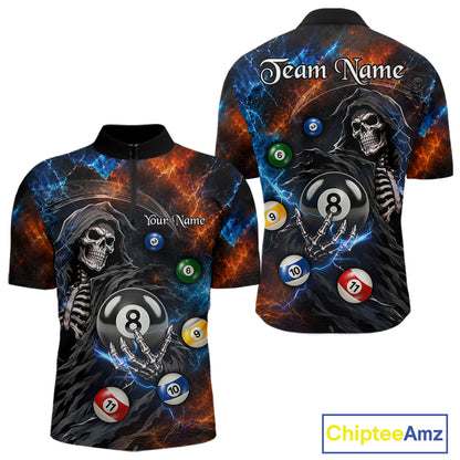 Men's Thunder Grim Reaper quarter zip billiard jersey featuring lightning, custom pool league apparel, BCA tournament shirt, athletic team uniform.