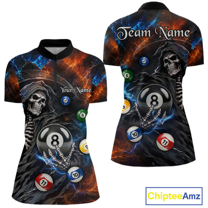 Women's Thunder Grim Reaper quarter zip billiard shirt with lightning graphics, personalized custom pool uniform, APA league apparel, breathable performance jersey.
