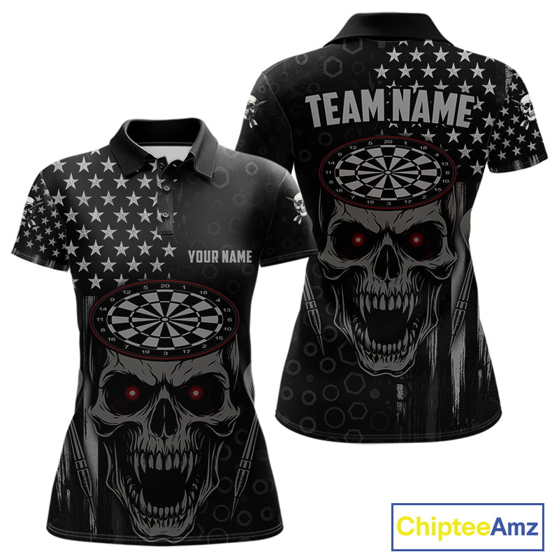 Custom Black Grey Grunge Skull Patriotic Dart Women Polo Jerseys USA Flag Dart Shirts NYN1726
