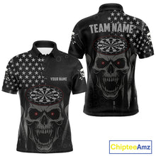 Load image into Gallery viewer, Custom Black Grey Grunge Skull Patriotic Dart Men Polo Jerseys USA Flag Dart Shirts NYN1726