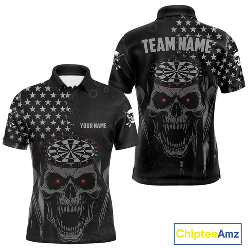 Custom Black Grey Grunge Skull Patriotic Dart Men Polo Jerseys USA Flag Dart Shirts NYN1726