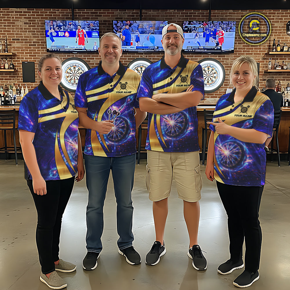 Personalized Golden And Purple Galaxy Darts Polo & 1/4 Zip Shirt For Women Darts Clothing Jerseys NYN2892