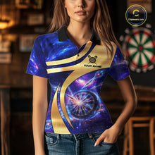 Load image into Gallery viewer, Personalized Golden And Purple Galaxy Darts Polo &amp; 1/4 Zip Shirt For Women Darts Clothing Jerseys NYN2892