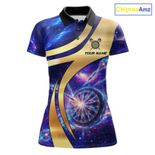 Load image into Gallery viewer, Personalized Golden And Purple Galaxy Darts Polo &amp; 1/4 Zip Shirt For Women Darts Clothing Jerseys NYN2892
