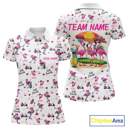Funny Pink Flamingo Friends White Womens Polo Shirt Custom Flamingo Ladies Golf Outfits NYN3111