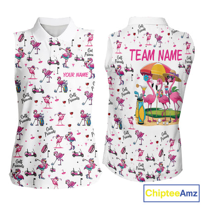 Funny Pink Flamingo Friends White Womens Sleeveless Polo Shirt Custom Flamingo Ladies Golf Outfits NYN3111