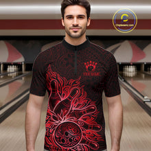 Load image into Gallery viewer, Male bowler wearing Red Tribal Bowling Ball bowling shirt, custom tournament bowling jersey