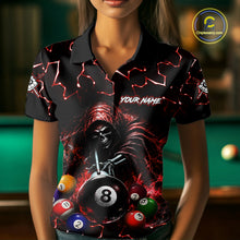 Load image into Gallery viewer, Female bowler wearing Lightning Red Grim Reaper bowling jersey, custom skull bowling shirt