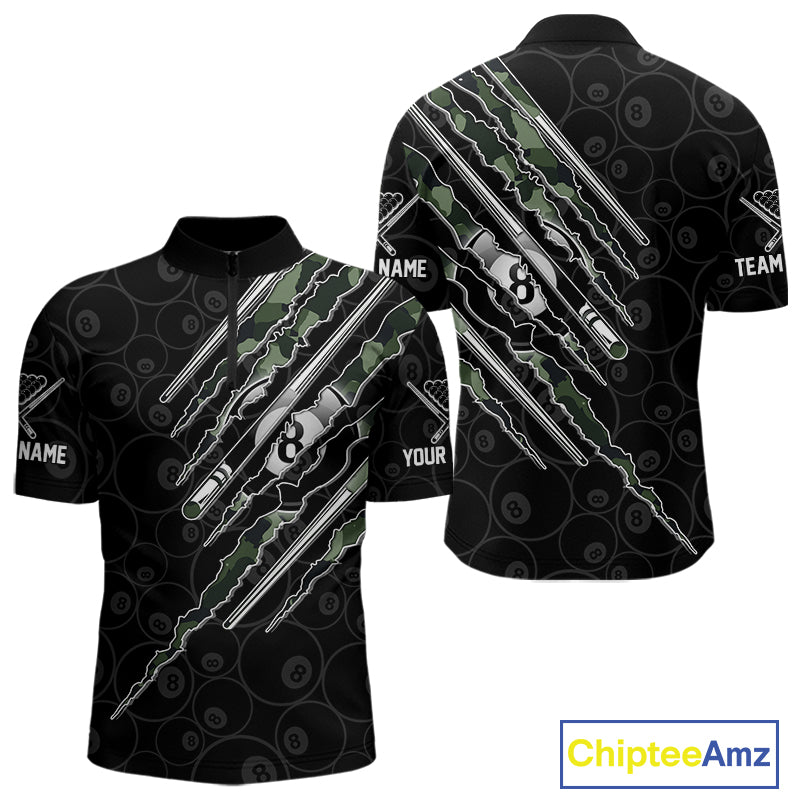 Men's military camo quarter zip billiard shirt, personalized pool league jersey, custom cue sports apparel, performance tournament uniform.
