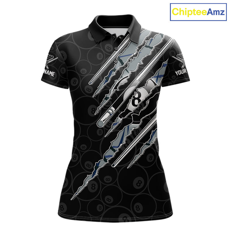 Women's Blue Scratch Pattern billiard polo shirt with personalized name, custom APA league jersey, billiard tournament apparel, cue sports clothing, moisture-wicking athletic polo.