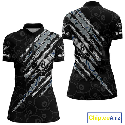 Women's Blue Scratch Pattern quarter zip billiard shirt, personalized tournament apparel, custom pool team uniform, breathable performance jersey.