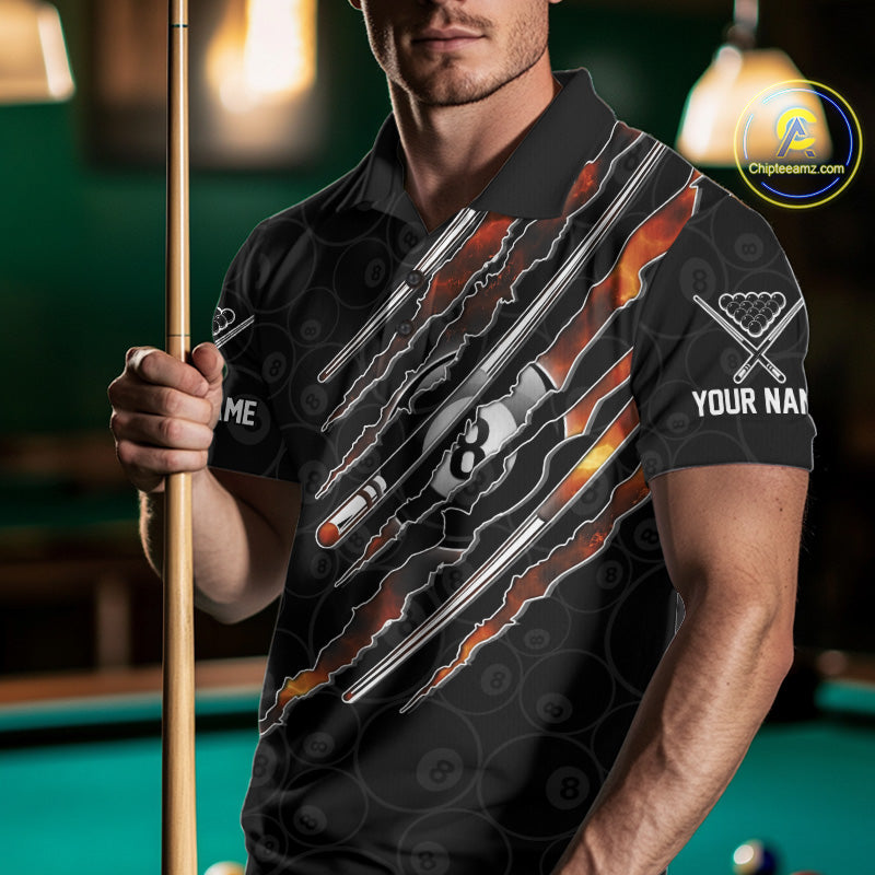 Male model wearing Red Fire Flames personalized billiard polo, APA league jersey, cue sports apparel, custom athletic team clothing.