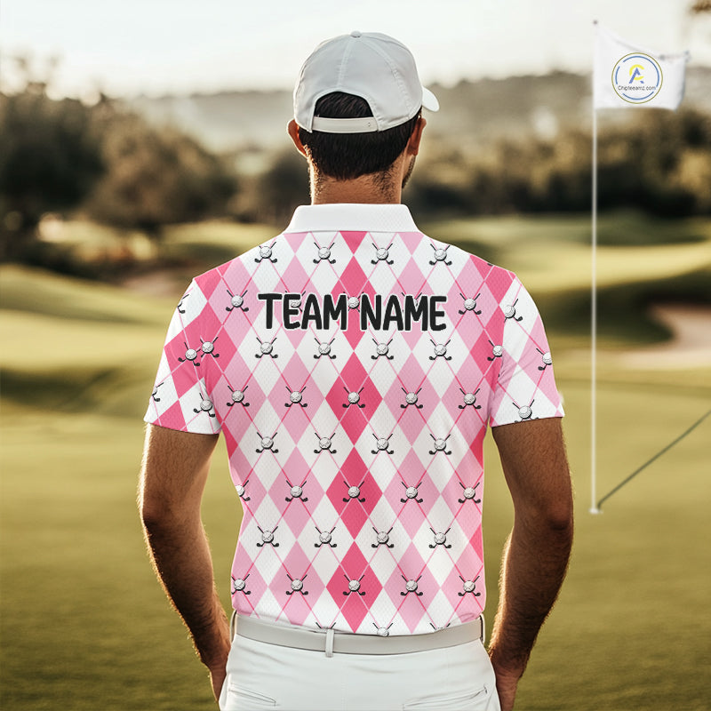 Funny Flamingo Golf Polo Shirts For Men Pink Argyle Flamingo Custom White Ball Golf Apparel NYN3121