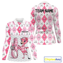 Load image into Gallery viewer, Funny Flamingo Golf Polo Shirts For Women Pink Argyle Flamingo Custom White Ball Golf Apparel NYN3121