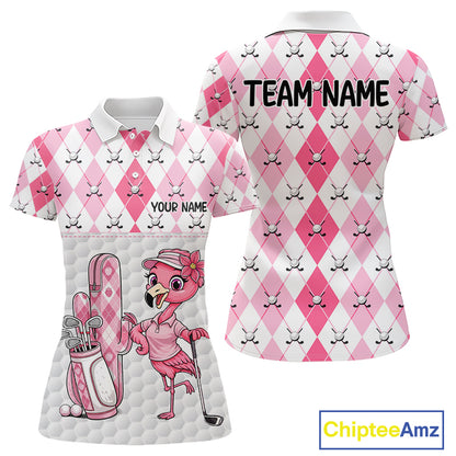 Funny Flamingo Golf Polo Shirts For Women Pink Argyle Flamingo Custom White Ball Golf Apparel NYN3121