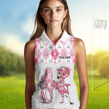 Load image into Gallery viewer, Funny Flamingo Golf Sleeveless Polo Shirts For Women Pink Argyle Flamingo Custom White Ball Golf Apparel NYN3121