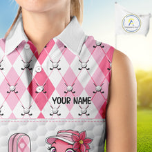 Load image into Gallery viewer, Funny Flamingo Golf Sleeveless Polo Shirts For Women Pink Argyle Flamingo Custom White Ball Golf Apparel NYN3121