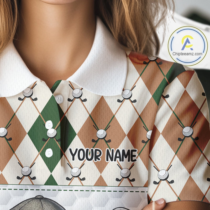 Funny Cool Duck Golf Polo Shirts For Women Green & Brown Argyle Custom White Ball Golf Apparel NYN3122