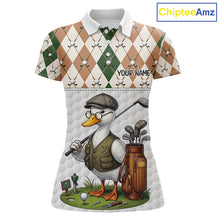 Load image into Gallery viewer, Funny Cool Duck Golf Polo Shirts For Women Green &amp; Brown Argyle Custom White Ball Golf Apparel NYN3122