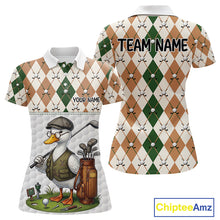 Load image into Gallery viewer, Funny Cool Duck Golf Polo Shirts For Women Green &amp; Brown Argyle Custom White Ball Golf Apparel NYN3122