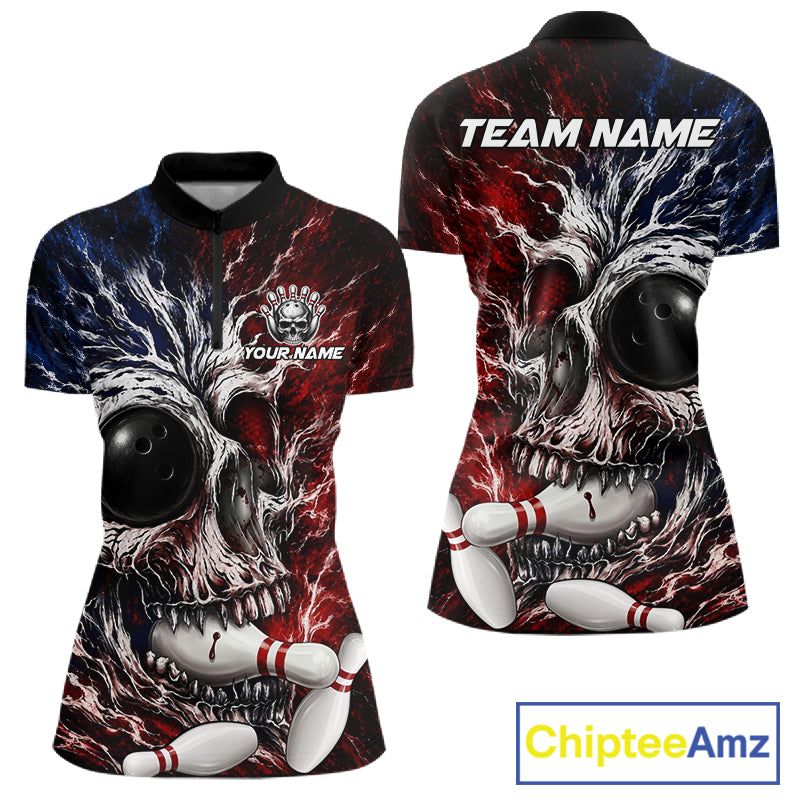Grunge Skull Women Bowling Quarter-Zip Shirt Custom Youth Bowling Team Outfits