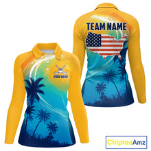Load image into Gallery viewer, Summer palm trees women's golf polo shirt, personalized US flag golf apparel, tropical golf shirt, golf vacation clothing