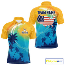 Load image into Gallery viewer, Summer palm trees men's golf polo shirt, personalized US flag golf apparel, tropical golf shirt, golf vacation clothing