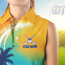 Load image into Gallery viewer, Female golfer wearing summer palm trees golf polo shirt, patriotic golf apparel, tropical golf outfit