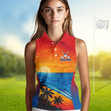 Load image into Gallery viewer, Female golfer wearing palm trees and ocean golf polo shirt, summer golf apparel, beach golf outfit