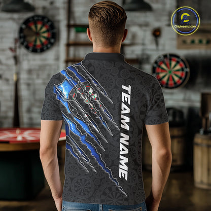 Male model wearing custom thunder lightning blue darts polo shirt, personalized league tournament apparel, electric performance jersey, championship mindset and athletic confidence